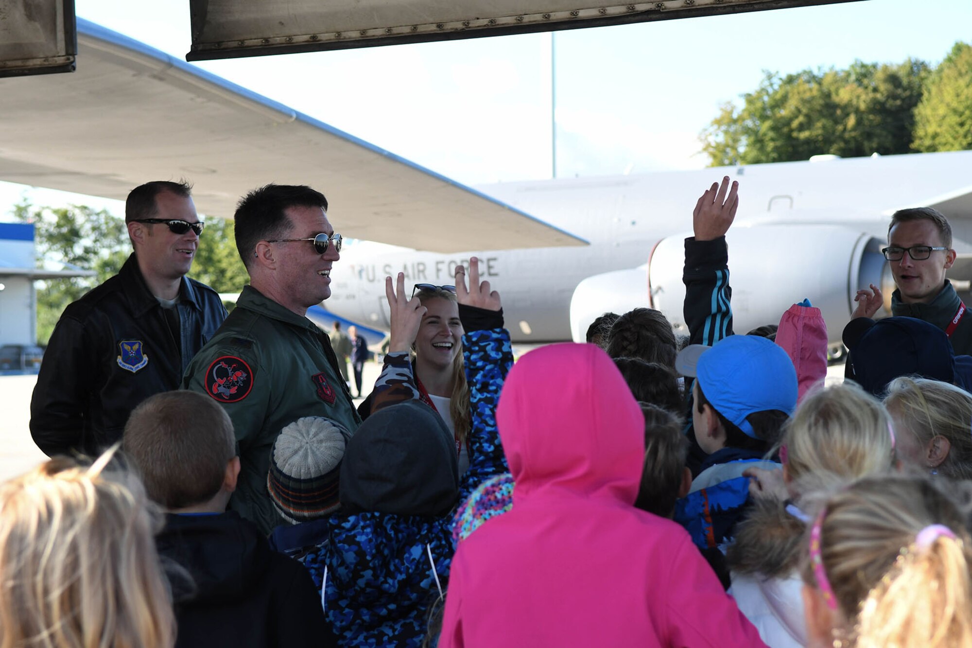U.S. Air Force Col. Brian McClanahan, the 489th Bomb Group commander, fields questions regarding the B-1 Lancer during a school tour at the Leoš Janáček Ostrava Airport, Czech Republic, Sept. 13, 2017.