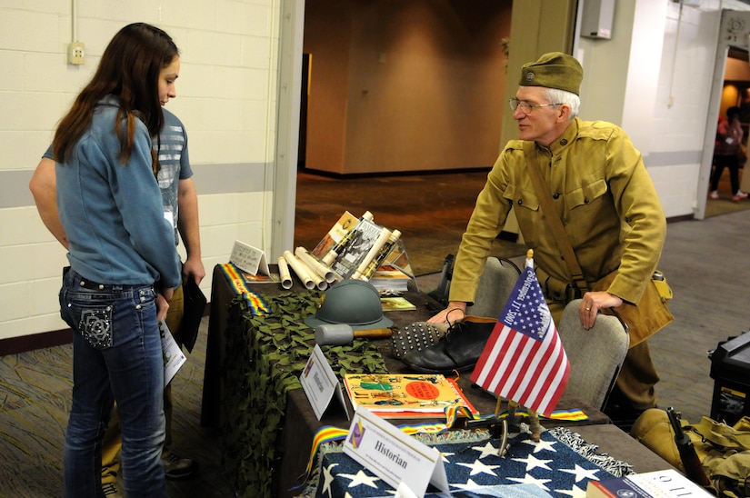 Ward Zischke, the command historian for the 88th Regional Support Command, is dressed in World War I era uniform as part of his presentation during the Yellow Ribbon event in Minneapolis September 9, 2017.