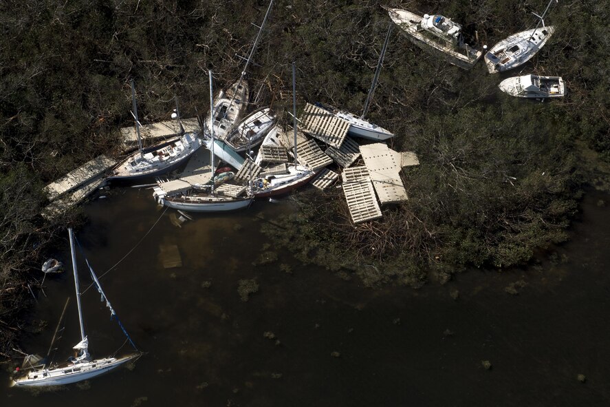Boats and debris from Hurricane Irma scatter the coast of South Florida, Sept. 12, 2017. The 563d Rescue Group prepositioned aircraft and personnel in support of FEMA and U.S. Northern Command for rescue operations after Hurricane Irma made landfall in Florida. (U.S. Air Force photo by Staff Sgt. Ryan Callaghan)