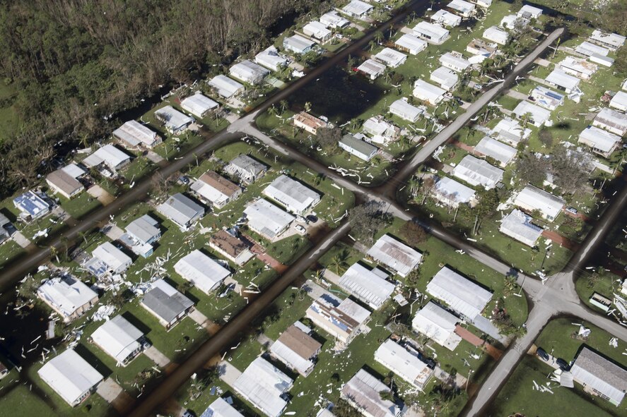 Houses lay damaged by Hurricane Irma, Sept. 13, 2017, in Florida. The 563d Rescue Group prepositioned aircraft and personnel for rescue operations after Hurricane Irma made landfall in Florida. (U.S. Air Force photo by Tech. Sgt. Zachary Wolf)
