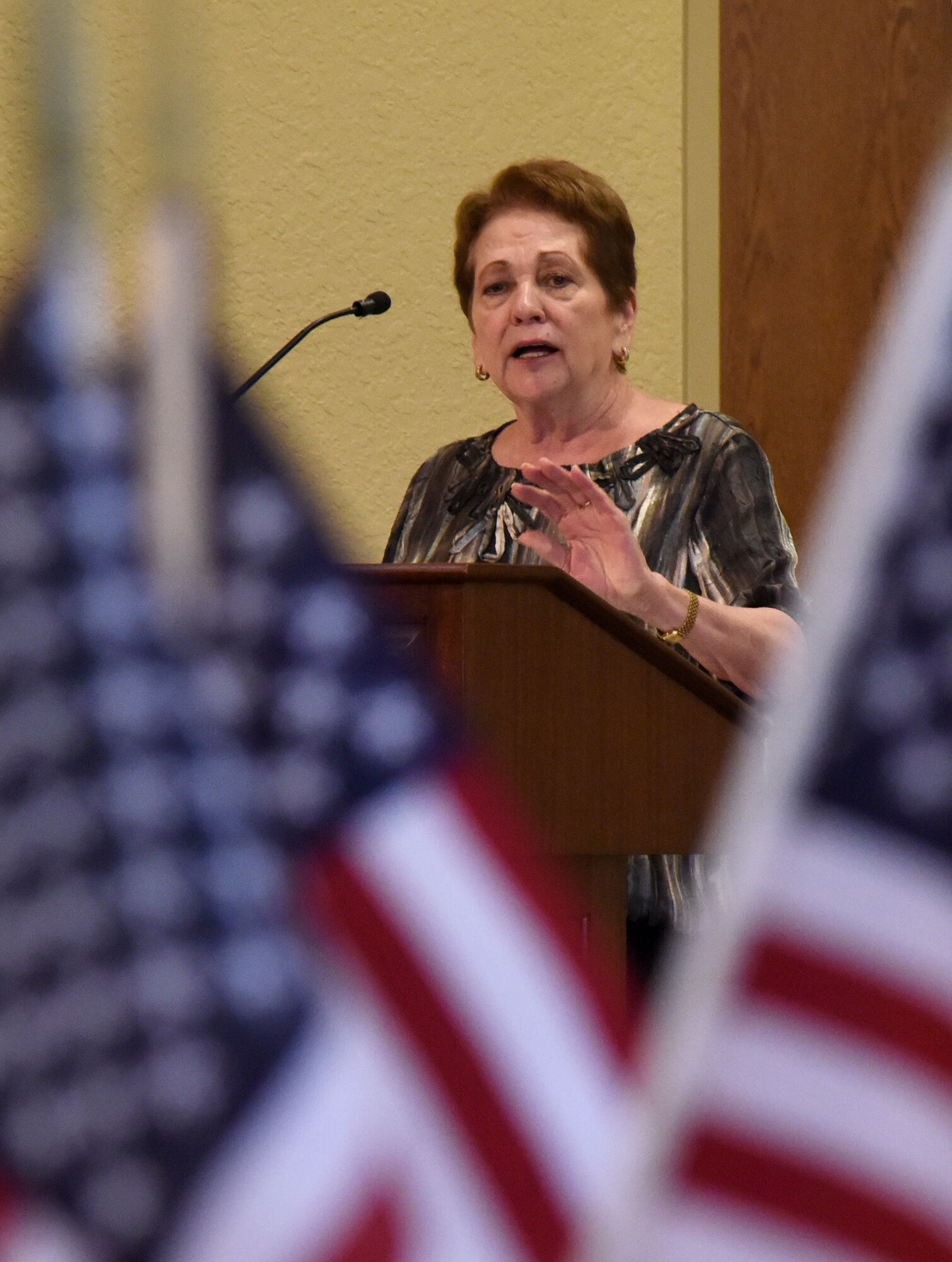 Ann Mills-Griffiths, National League of POW/MIA Families Board of Directors Chairman, delivers remarks during a POW/MIA Remembrance Luncheon at the Bay Breeze Event Center Sept. 13, 2017, on Keesler Air Force Base, Mississippi. Mills-Griffiths began her efforts after her brother was listed as MIA on Sept. 21, 1966. The event, hosted by the Air Force Sergeants Association, was held to raise awareness and pay tribute to all prisoners of war and military members still missing in action. (U.S. Air Force photo by Kemberly Groue)