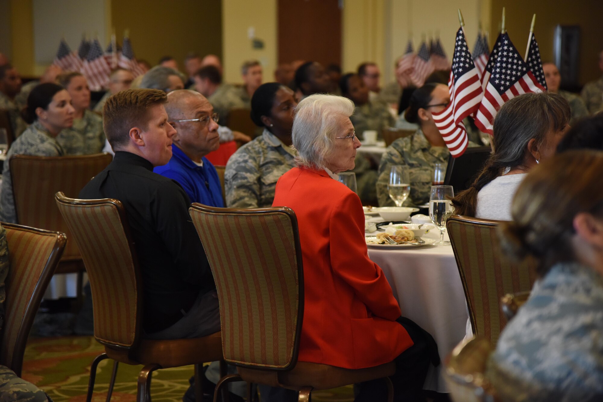 Anna Caire, spouse of retired Master Sgt. James Caire, former Japanese POW, attends a POW/MIA Remembrance Luncheon at the Bay Breeze Event Center Sept. 13, 2017, on Keesler Air Force Base, Mississippi. The event, hosted by the Air Force Sergeants Association, was held to raise awareness and pay tribute to all prisoners of war and military members still missing in action. (U.S. Air Force photo by Kemberly Groue)