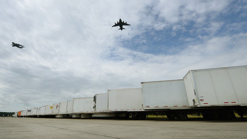 Joint Base Charleston’s North Auxiliary Airfield in South Carolina, serves as an installation support base to support Hurricane Irma relief efforts Sept. 13, 2017. The airfield acts as a receiving and distribution staging area for goods and commodities to be transported to hurricane victims here and areas of the southeast over the next few weeks. Airmen of the 43rd Air Mobility Operations Group, Pope Army Airfield, N.C., and the U.S. Department of Homeland Security - Federal Emergency Management Agency (FEMA) are working side-by-side executing relief efforts. (U.S. Air Force photo by Staff Sgt. Christopher Hubenthal)