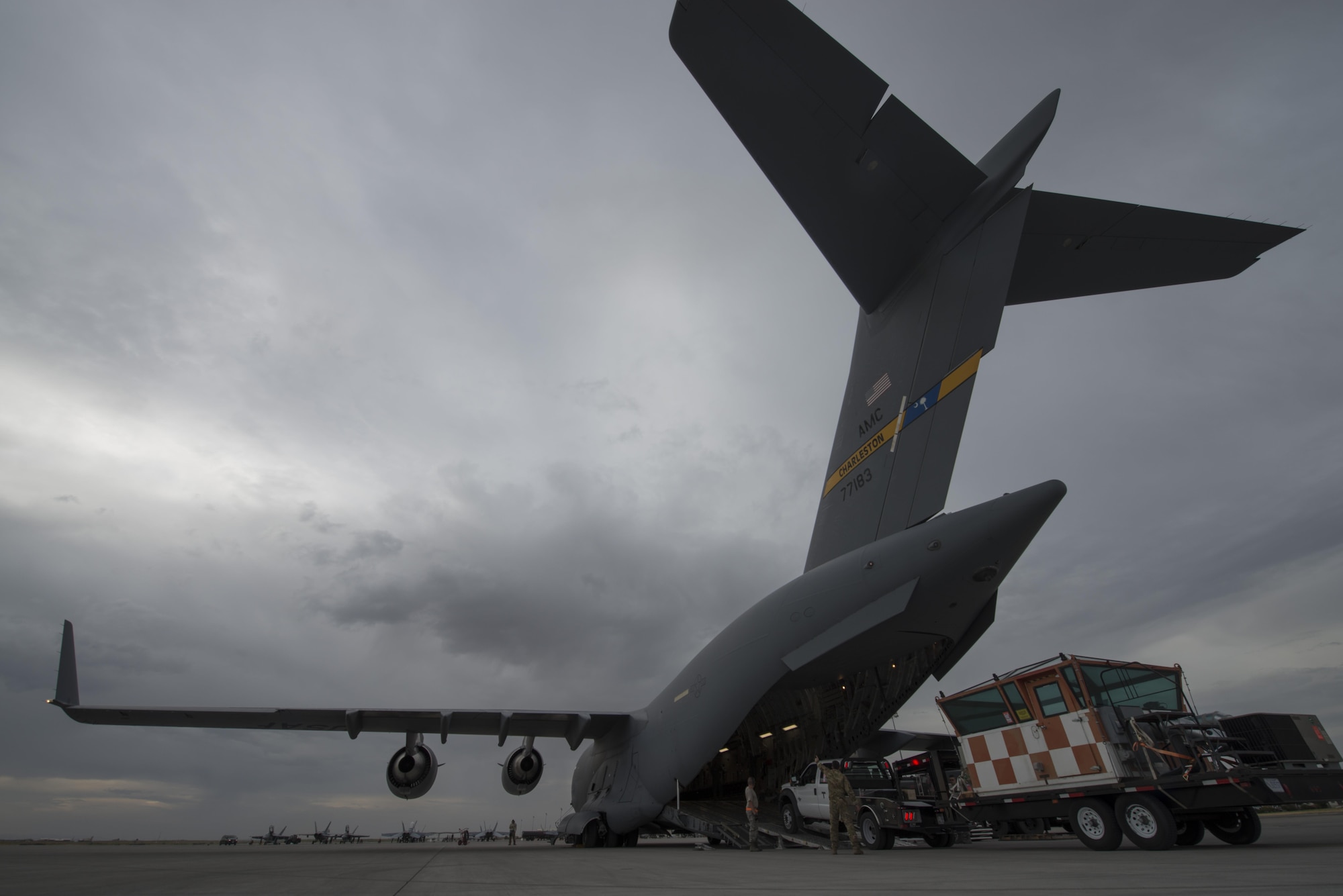 Airmen from the 366th Logistics Readiness Squadron and the 437th Airlift Wing 14th/15th Airlift Squadron load a mobile air traffic control tower onto a C-17 Globemaster III to support Hurricane Irma relief efforts September 9th, 2017. The air traffic control tower will help restore ground to air communications at St. Thomas, U.S. Virgin Islands. (U.S. Air Force photo by Airman 1st Class JaNae S. Capuno)