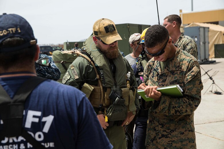 U.S. Marines with the 26th Marine Expeditionary Unit (MEU) coordinated with the Department of Homeland Security, Federal Emergency Management Agency (FEMA), and local authorities, and assisted in cleanup efforts in St. Thomas, U.S. Virgin Islands, Sept. 13, 2017. The Department of Defense is assisting FEMA in hurricane relief efforts by providing food, water and essential needs to the U.S. Virgin Islands.