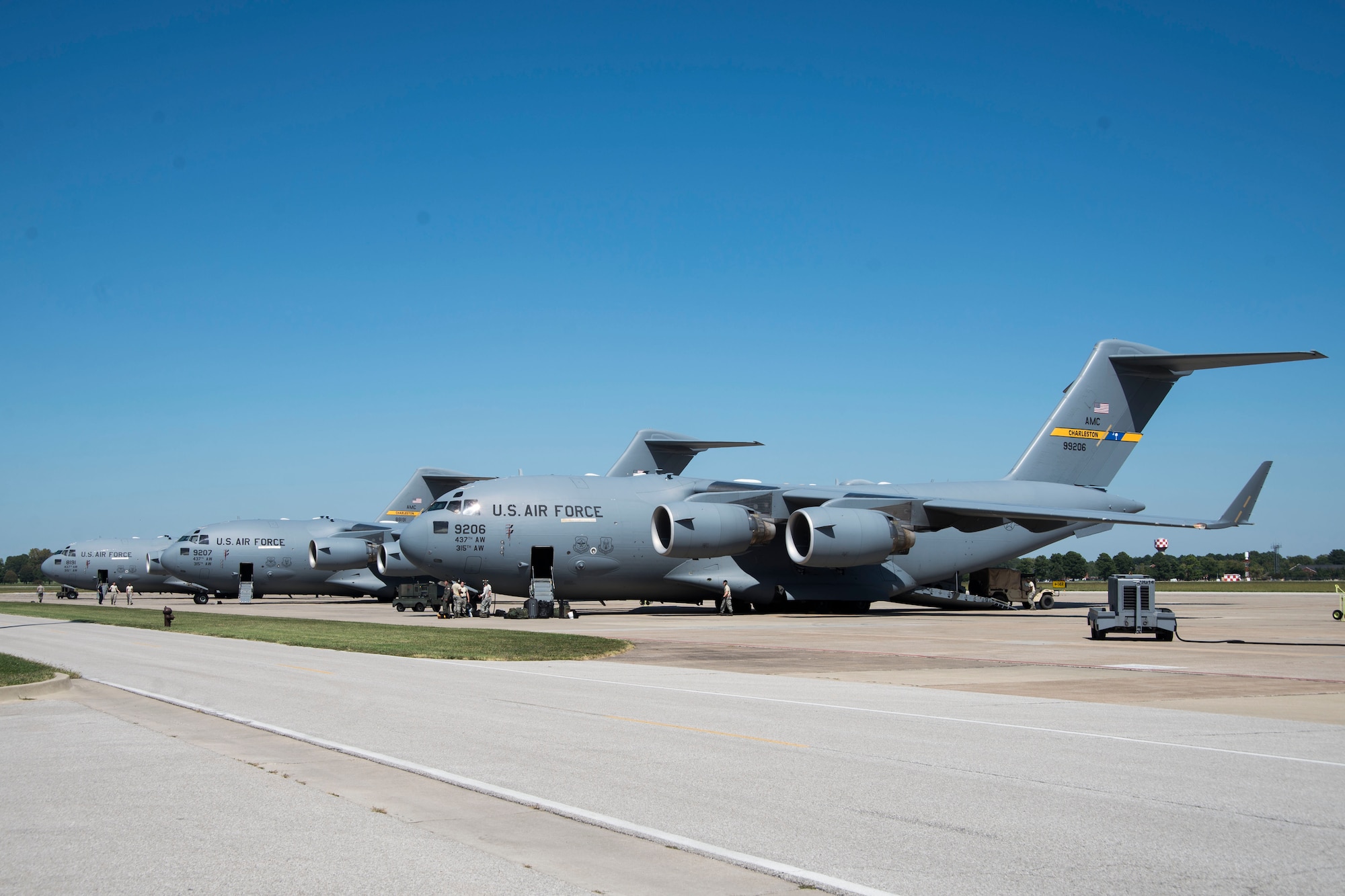 Three C-17 Globemaster III from Joint Base Charleston, S.C. arrive to Scott in preparation for Hurricane Irma, at Scott Air Force Base, Ill.