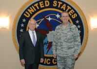 Secretary of Defense Jim Mattis (center) is greeted by U.S. Air Force Gen. John. E. Hyten, commander of U.S. Strategic Command (USSTRATCOM), upon his arrival at Offutt Air Force Base, Neb., Sept. 13, 2017.
