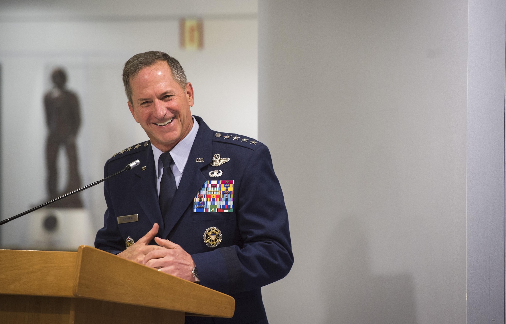 Air Force Chief of Staff Gen. David L. Goldfein speaks during the official portrait unveiling for retired Gen. Mark A. Welsh III, former Air Force chief of staff, in the Pentagon, Washington, D.C., Sept. 14, 2017. Welsh served as the 20th chief of staff from 2012 to 2016. (DoD photo by Tech. Sgt. Brigitte N. Brantley)