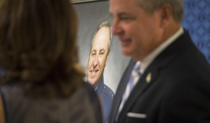 The official portrait of retired Gen. Mark A. Welsh III, former chief of staff of the Air Force, is unveiled during a ceremony at the Pentagon, Washington, D.C., Sept. 14, 2017. The portrait will be on display in the Pentagon's Arnold Corridor alongside the portraits of the other former Air Force chiefs of staff. (DoD photo by Tech. Sgt. Brigitte N. Brantley)