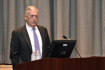 U.S. Secretary of Defense James Mattis speaks to soldiers, sailors, airmen, Marines and civilians assigned to U.S. Strategic Command (USSTRATCOM) headquarters during an all hands call at Offutt Air Force Base, Neb., Sept. 14, 2017. During his visit, Mattis met with USSTRATCOM leadership to discuss strategic deterrence in the 21st century. This was Mattis’ first visit to USSTRATCOM as Secretary of Defense. One of nine Department of Defense unified combatant commands, USSTRATCOM has global missions assigned through the Unified Command Plan that include strategic deterrence, space operations, cyberspace operations, joint electronic warfare, global strike, missile defense, intelligence, and analysis and targeting.  (U.S. Air Force photo by Tech. Sgt. Jonathan Lovelady)