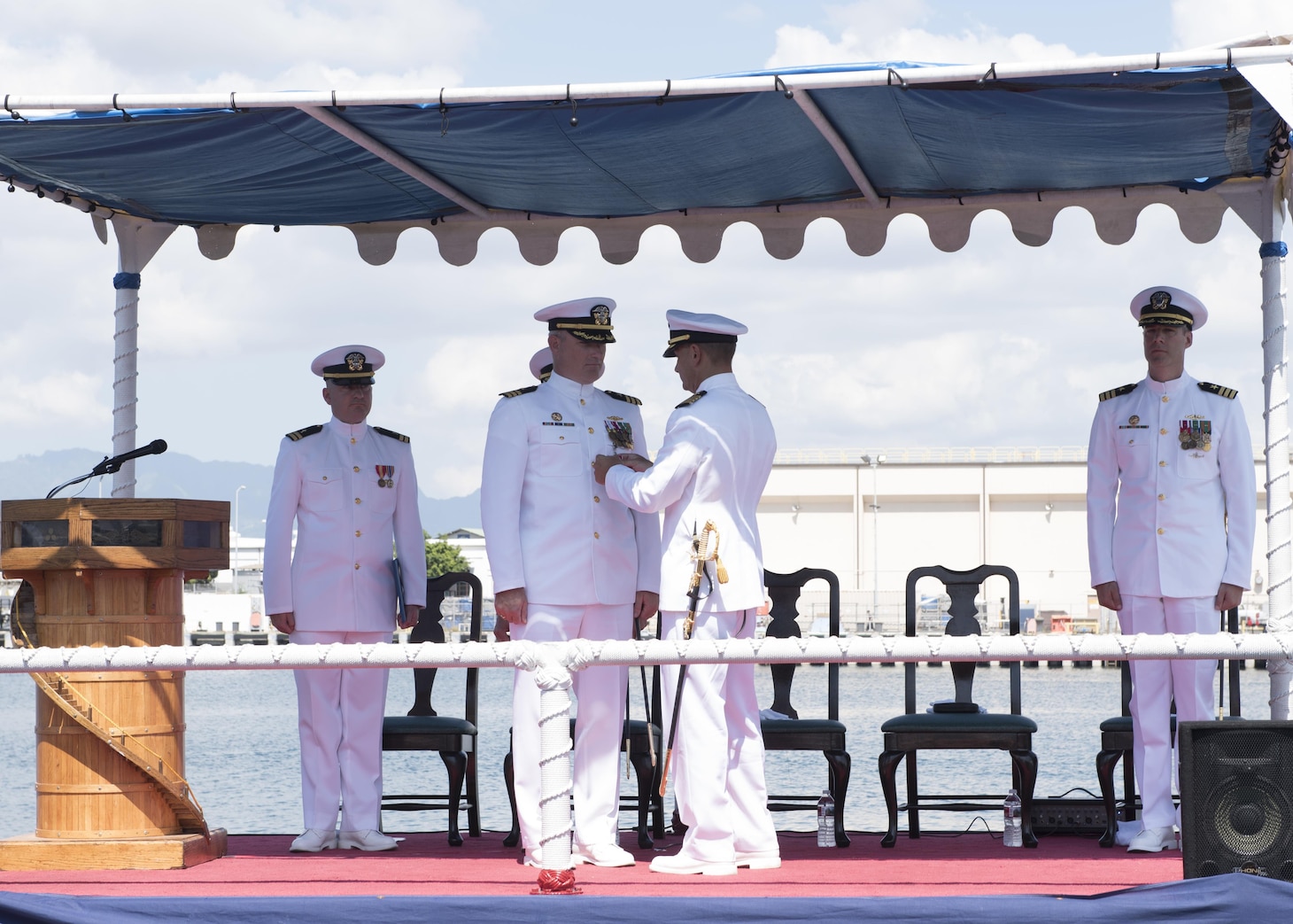 Cmdr. John Stafford, commanding officer of the Los Angeles-Class Attack submarine USS Cheyenne (SSN 773) is presented the Legion of Merit Award by Capt. Robert Roncska, commander, Submarine Squadron Seven during a change of command ceremony, Sept. 14. (U.S. Navy Photo by Mass Communication Specialist 2nd Class Shaun Griffin/Released)