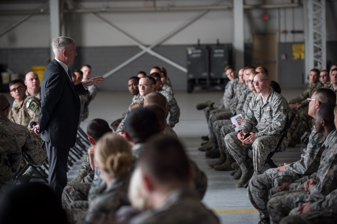 Defense Secretary Jim Mattis answers an airman's question.