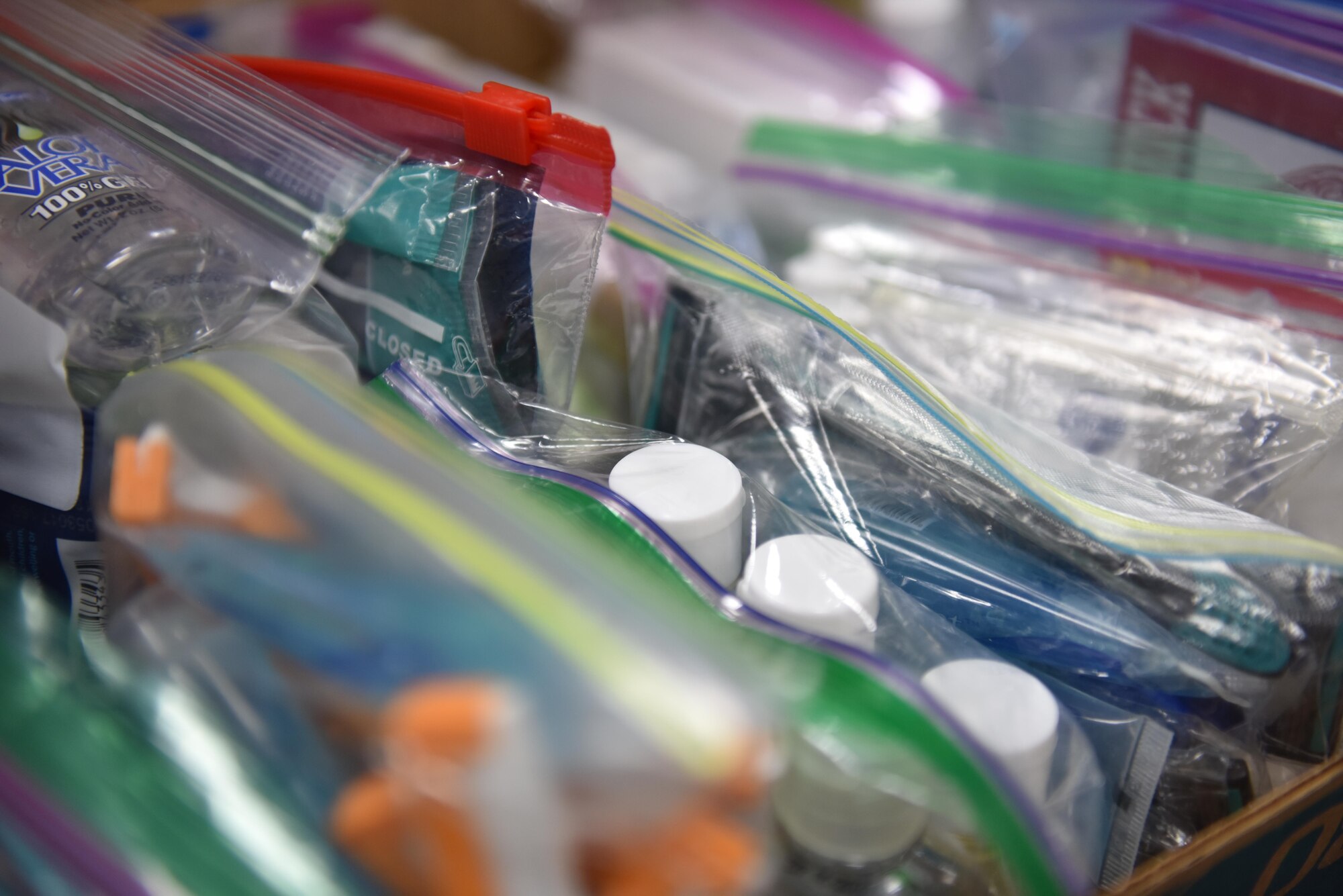 Toiletries are sorted by type at Al Dhafra Air Base, United Arab Emirates, prior to donation to a local church, Sept. 8, 2017.