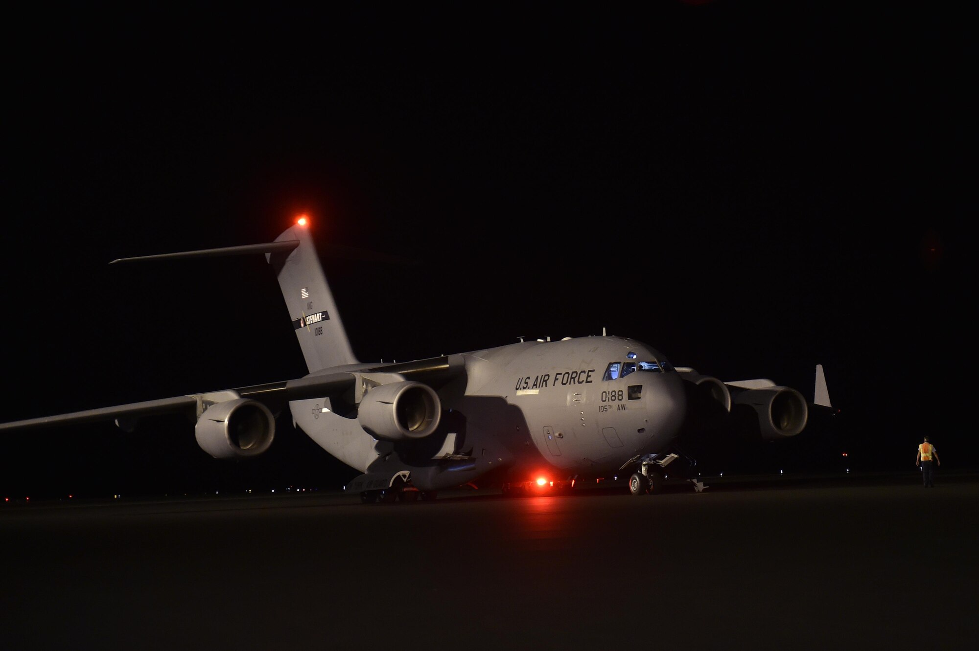 A C-17 Globemaster III gets ready for takeoff from Homestead Air Reserve Base, Fla., Sep. 13, 2017.  The aircraft delivered cargo in support of Hurricane Irma relief efforts.  (U.S. Air Force photo by Tech. Sgt. Liliana Moreno/Released)