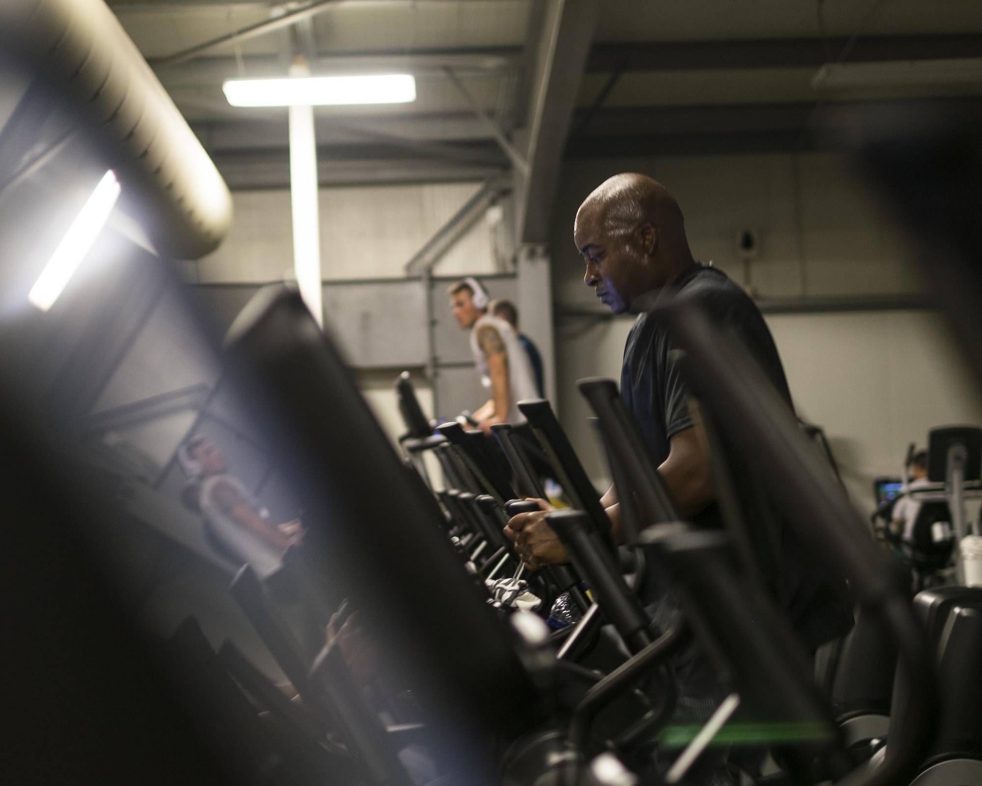 Team ADAB members work out in the Fitness Center Sept. 7, 2017, at Al Dhafra Air Base, United Arab Emirates.