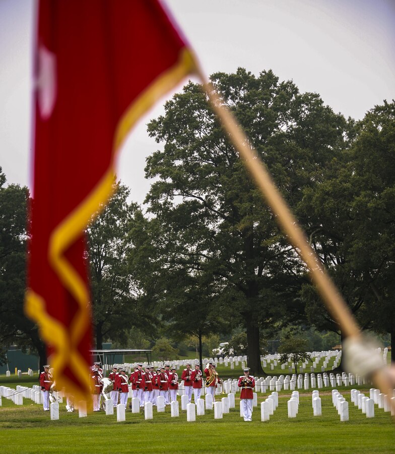 Marines with “The President’s Own” the U.S. Marine Band perform musical ballads during a full honors funeral at Arlington National Cemetery, Va., Sept. 13, 2017. Marine Barracks Washington is home to the Marines who provide support for all Marine Corps funerals and many high-ranking government officials funerals within the Capitol area. (Official U.S. Marine Corps photo by Lance Cpl. Damon Mclean/Released)