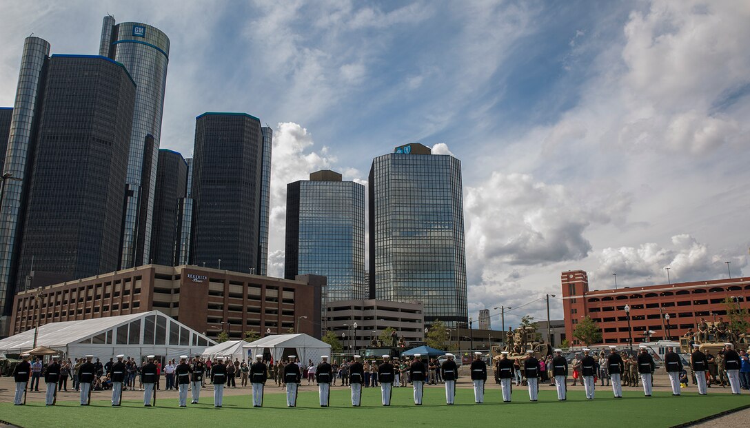 Marines of the U.S. Marine Corps Silent Drill Platoon execute their “long line” sequence during a performance at the static display section of Marine Week, Detroit, MI. Sept. 7, 2017. Marine Week, hosted by the Marine Corps in one city per year, is a celebration of community, country and Corps that allows the public to connect with Marines through live-demonstrations, hands-on static displays and several other interactive events. (Official U.S. Marine Corps photo by Cpl. Robert Knapp/Released)