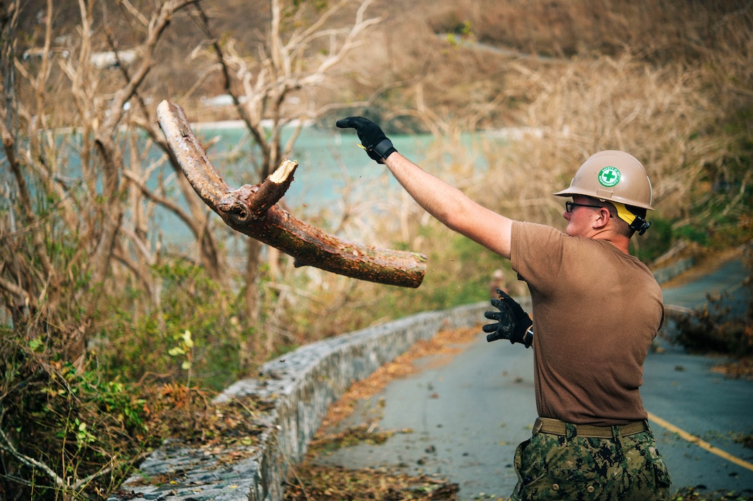 A Seabee tosses a tree branch.