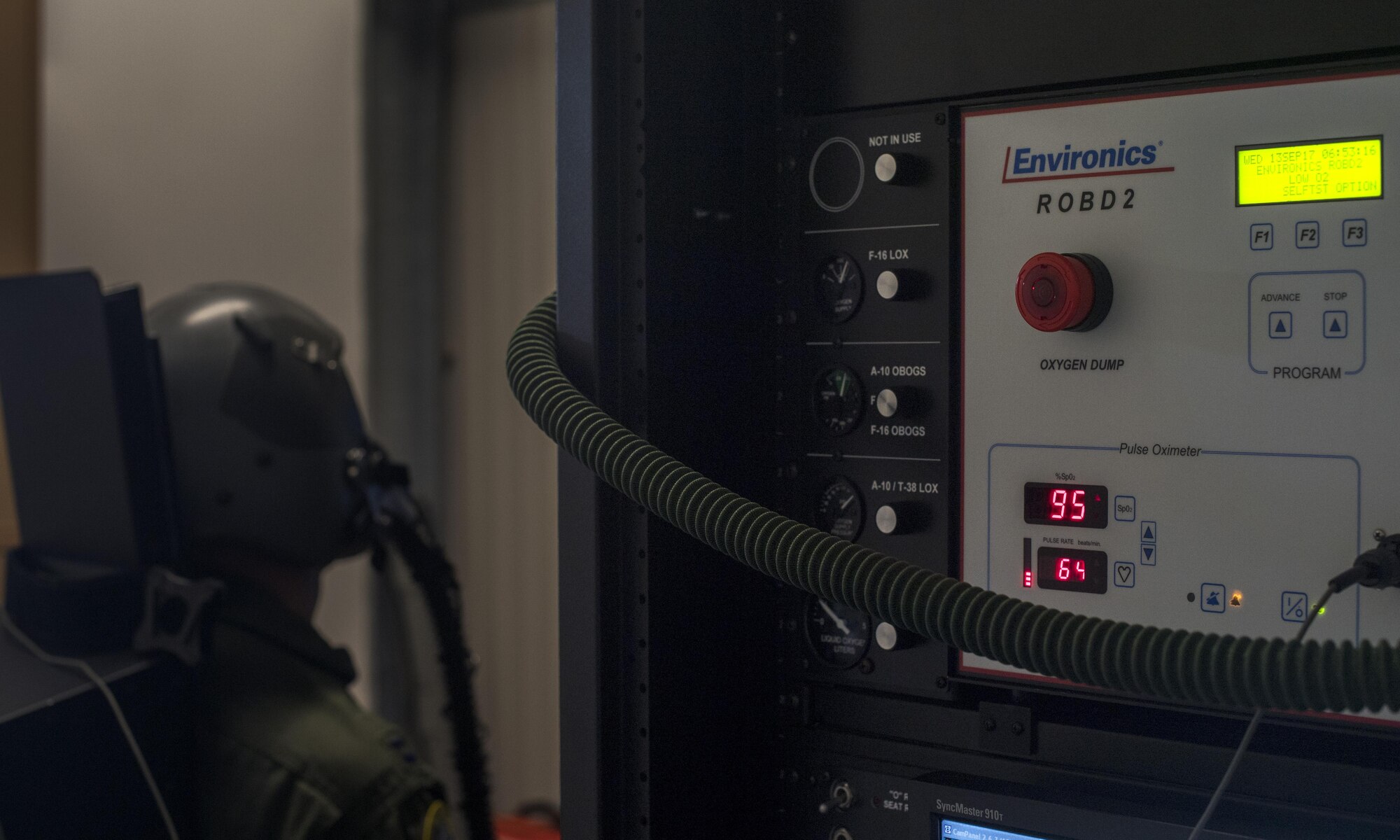 Numbers light up on the 86th Aerospace Medicine Squadron Aerospace Physiology’s reduced oxygen breathing device while it is hooked up to an 86th Operations Support Squadron plot on Ramstein Air Base, Germany, Sept. 13, 2017. Air crew personnel operate a simulation tailored to their specific job when attached to an ROBD while experiencing the effects of hypoxia, the lack of oxygen at high altitudes, so they can prepare themselves if they experience symptoms while actually flying. (U.S. Air Force photo by Senior Airman Tryphena Mayhugh)