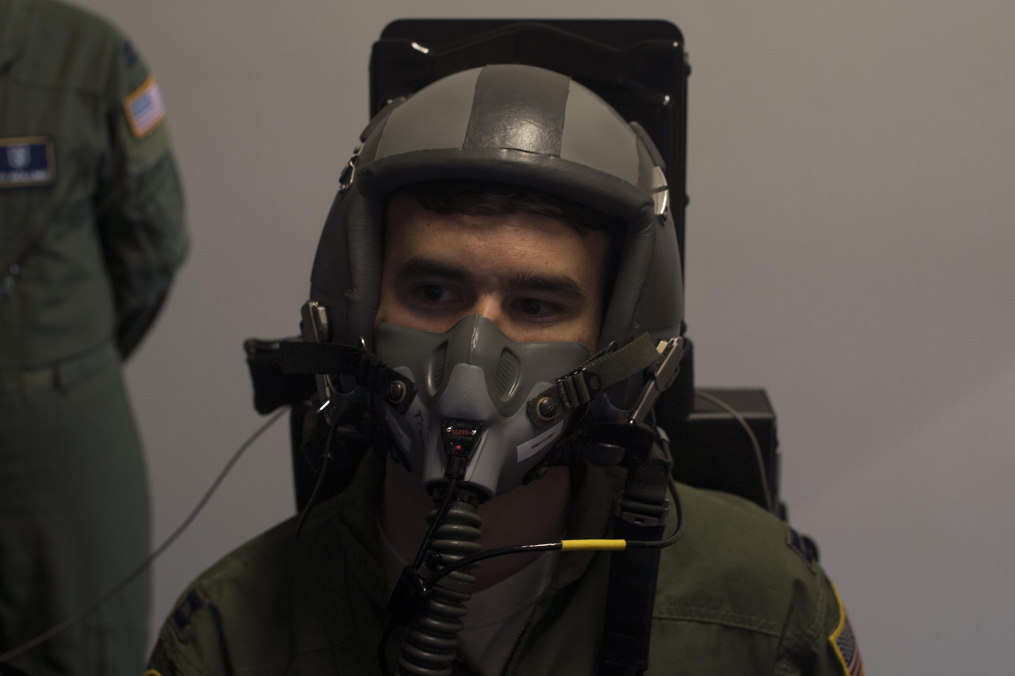 A U.S. Air Force 86th Operations Support Squadron pilot flies a simulated aircraft while hooked up to the 86th Aerospace Medicine Squadron Aerospace Physiology’s reduced oxygen breathing device on Ramstein Air Base, Germany, Sept. 13, 2017. Aerospace physiology Airmen use the ROBD to familiarize pilots and other crew members with the effects of hypoxia, the lack of oxygen at high altitudes, and how to mitigate the symptoms and safely complete their mission. (U.S. Air Force photo by Senior Airman Tryphena Mayhugh)