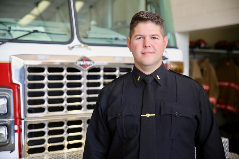 Retired Marine Staff Sgt. Eric Smith poses at Fire Station Number Six in Irving, Texas, Sept. 14, 2017. Smith was awarded the Navy Cross for his courageous actions in 2004 while serving as a squad leader with Company E, Second Battalion, Fourth Marine Regiment, First Marine Division, in support of Operation Iraqi Freedom. Smith currently serves as a lieutenant paramedic with the Irving Fire Department. The Navy Cross is the second highest military decoration that may be awarded to a member of the United States Navy, U.S. Marine Corps, (and to members of the Coast Guard when operating under the authority of the Department of the Navy). It is awarded for extraordinary heroism. (U.S. Marine Corps photo by Sgt. Courtney G. White)