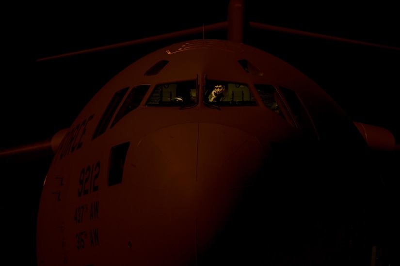 An aircrew prepares a C-17 Globemaster III for takeoff prior to a mission to Homestead Air Reserve Base, Fla. Sept. 11, 2017. Days prior the crew flew the final mission out of MacDill Air Force Base, Fla. prior to Hurricane Irma making landfall in Florida.