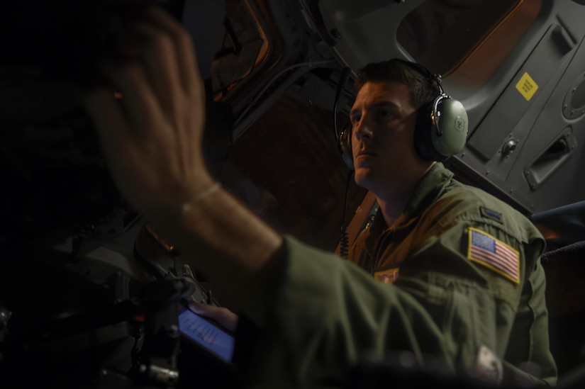 1st Lt. Ty Wojtysiak, 16th Airlift Squadron pilot, runs through a preflight checklist prior to a mission to Homestead Air Reserve Base, Fla. Sept. 11, 2017.