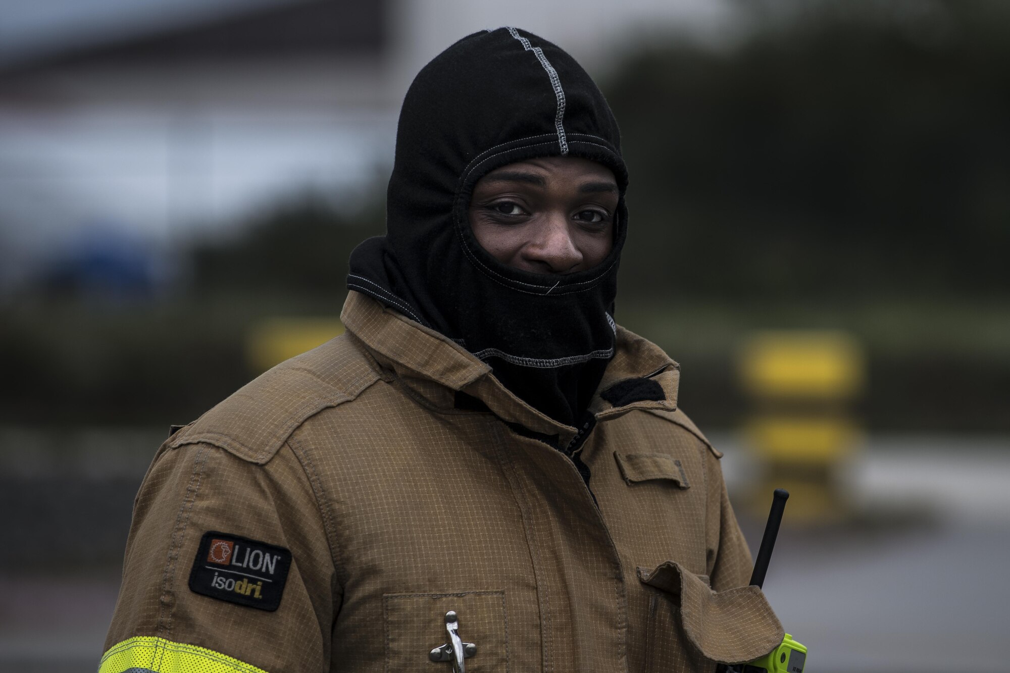 U.S. Air Force Airman 1st Class Daniel Duah, 86th Civil Engineer Squadron firefighter, prepares for annual aircraft live fire training at the 86th Civil Engineer Squadron Fire and Emergency Services Training Area on Ramstein Air Base, Germany, Sept. 14, 2017.