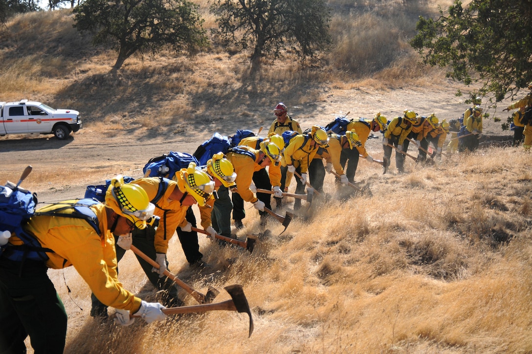 A row of guardsmen use tools to tear up the ground.