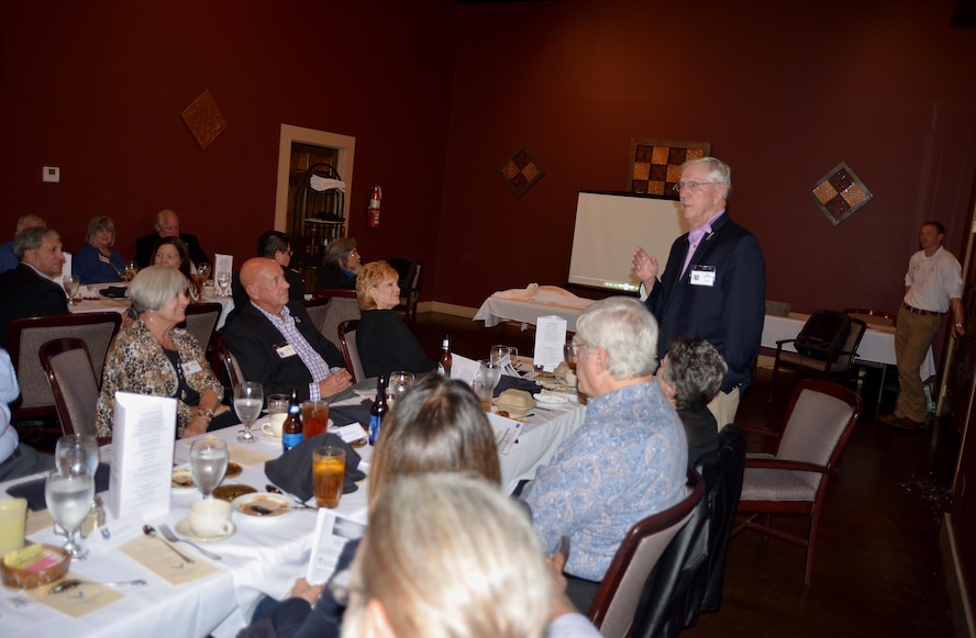 Wingmen of Columbus Air Force Base, Mississippi, took turns speaking at the Wingman Dinner Sept. 12, 2017. A wingman is a civilian that supports Columbus AFB and typically is involved with community partnership programs within the base. They spoke about future wingmen and gathered input from all the wingmen in attendance. (U.S. Air Force photo by 2nd Lt. Marcello Peray-Genovese)