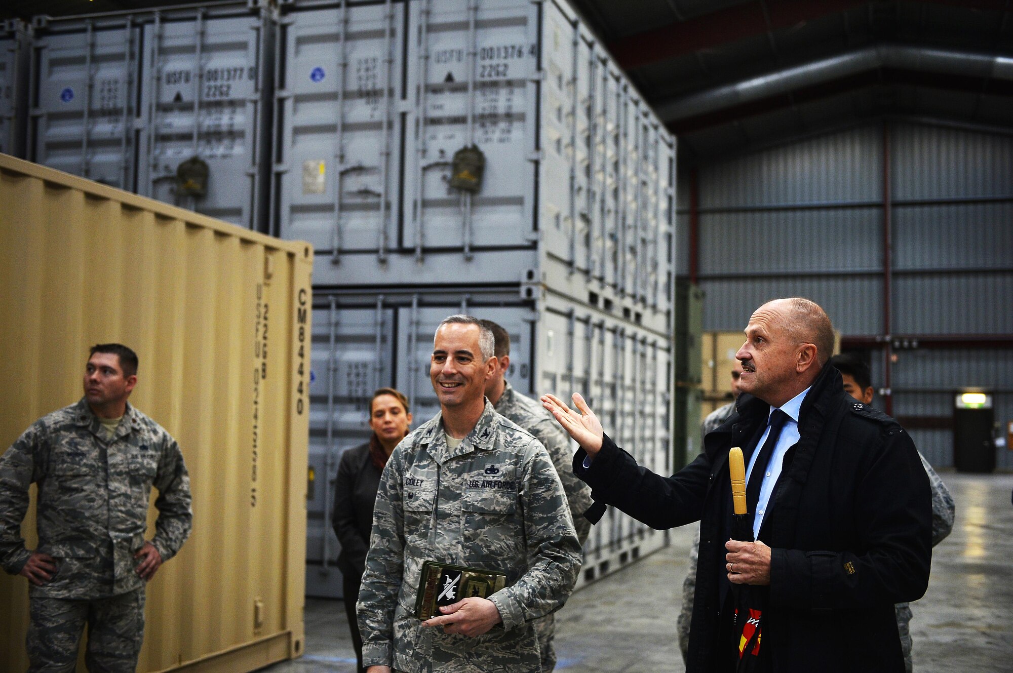 U.S. Air Force Col. Bradford Coley, U.S. Air Forces in Europe and Air Forces Africa chief of the logistics readiness division, (center), tours U.S. Air Force resources in Luxembourg, Sept. 14, 2017. The Luxembourg government’s Warehouse Service Agency manages the facility, but the 86th Material Maintenance Squadron is responsible for keeping accountability of the resources stored in the compound. (U.S. Air Force photo by Airman 1st Class Joshua Magbanua)