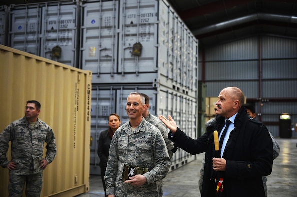U.S. Air Force Col. Bradford Coley, U.S. Air Forces in Europe and Air Forces Africa chief of the logistics readiness division, (center), tours U.S. Air Force resources in Luxembourg, Sept. 14, 2017. The Luxembourg government’s Warehouse Service Agency manages the facility, but the 86th Material Maintenance Squadron is responsible for keeping accountability of the resources stored in the compound. (U.S. Air Force photo by Airman 1st Class Joshua Magbanua)