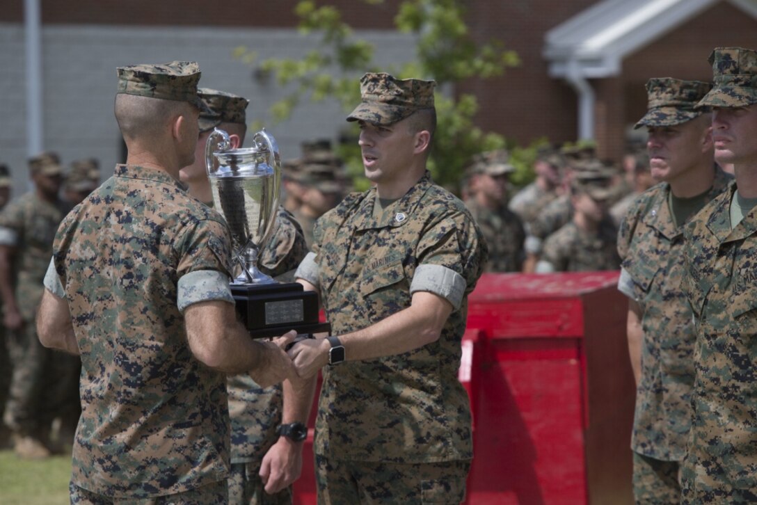 Major General John K. Love receives the Elliot Trophy at Camp Lejeune, N.C., Sep. 1, 2017. The trophy is given to the winning rifle team of an annual shooting competition. This year, the competition was won by Marines from 2nd Battalion, 8th Marine Regiment which marked the first time a unit from 2nd Marine Division has won the award in over 55 years. (U.S. Marine Corps photo by Lance Cpl. Damarko Bones)