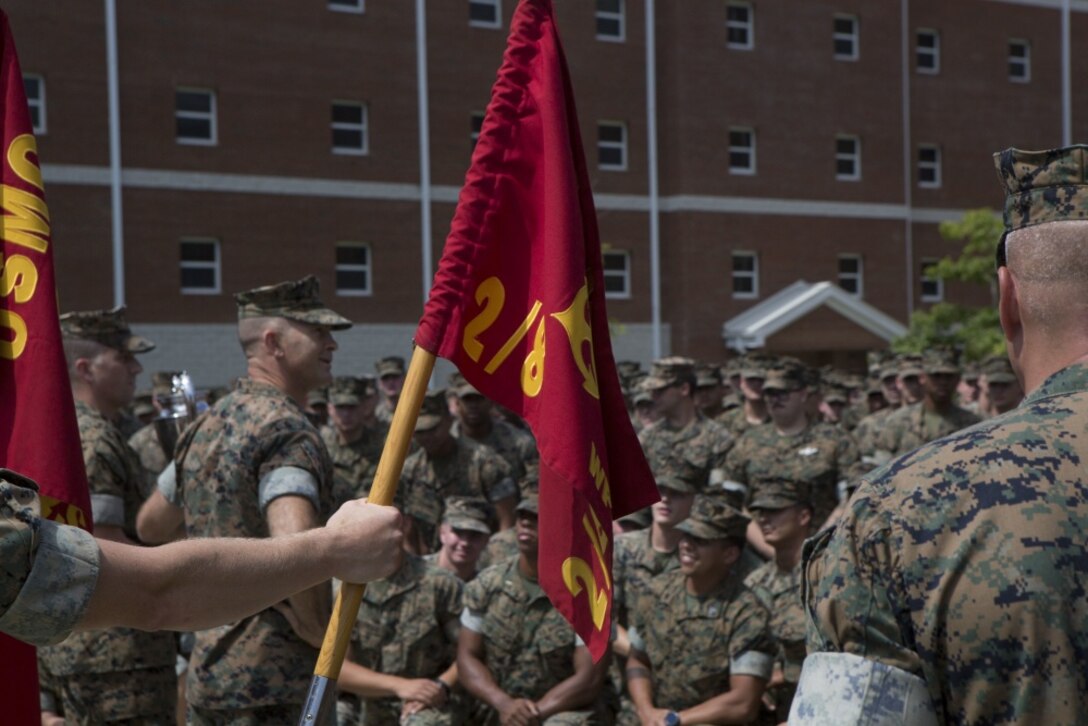 Major General John K. Love gives a speach after receiving the Elliot Trophy at Camp Lejeune, N.C., Sep. 1, 2017. The trophy is given to the winning rifle team of an annual shooting competition. This year, the competition was won by Marines from 2nd Battalion, 8th Marine Regiment which marked the first time a unit from 2nd Marine Division has won the award in over 55 years. (U.S. Marine Corps photo by Lance Cpl. Damarko Bones)
