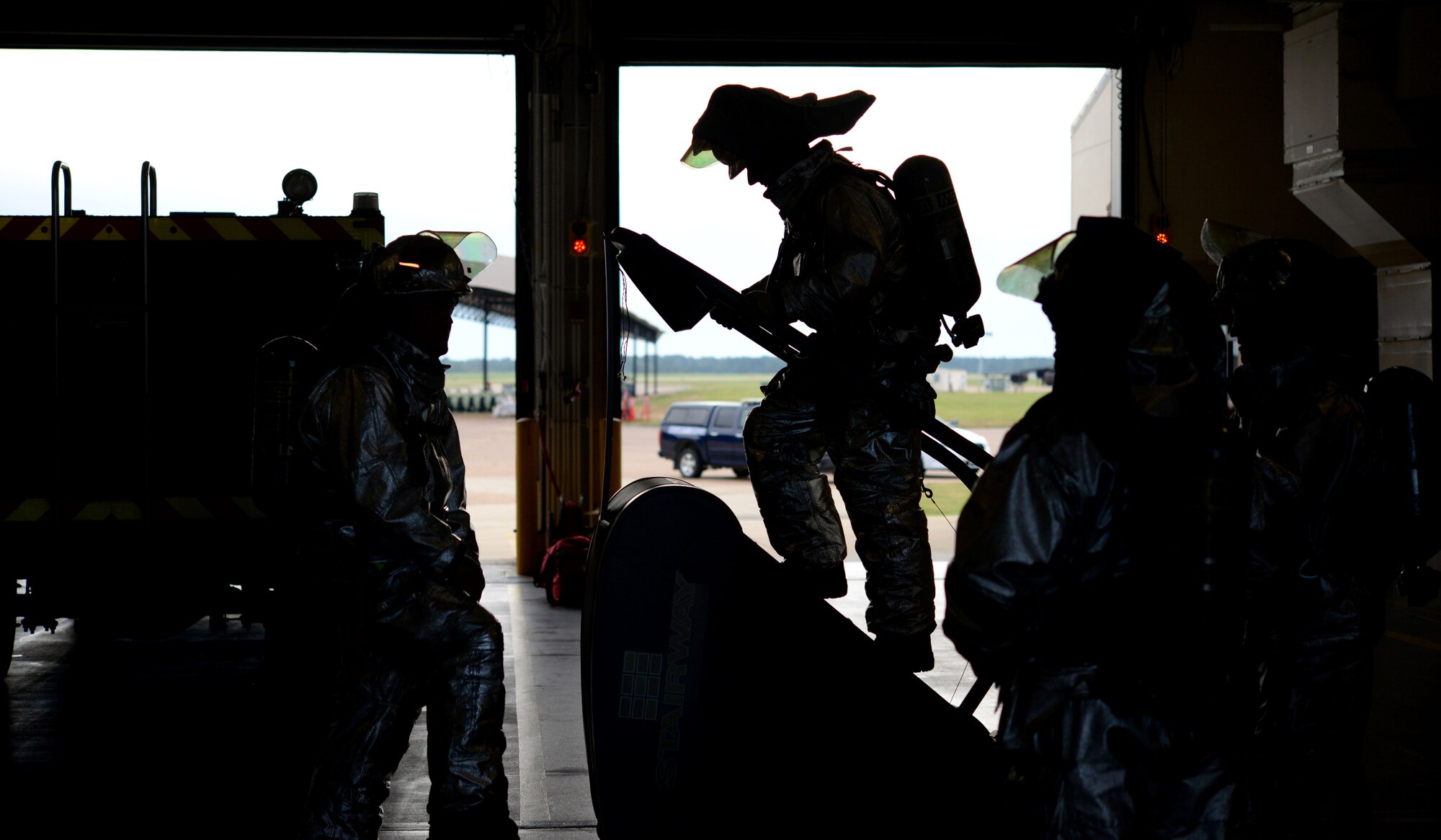Four 14th Civil Engineer Squadron Fire Protection Airmen climb stairs Sept. 11, 2017, on Columbus Air Force Base, Mississippi, in honor of fallen firefighters. The firefighters climbed 50 stairs and swapped until they completed 341 steps in honor of the 341 fallen firefighters who sacrificed their lives during the 9/11 terrorist attacks. (U.S. Air Force photo by Airman 1st Class Keith Holcomb)