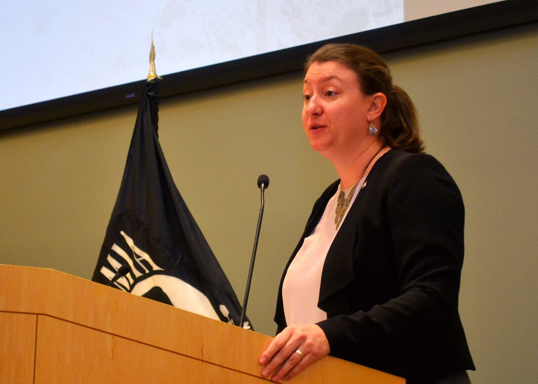 Carrie Ann Brown, a forensic anthropologist with the Defense POW/MIA Accounting Agency, talks to the Naval Support Activity Philadelphia workforce during a POW/MIA Recognition Day ceremony September 14. Brown, who holds a doctorate in anthropology, spoke about the work the DPAA does in recovering and identifying the remains of warfighters. The Philadelphia Compound Veterans Committee organized the event.