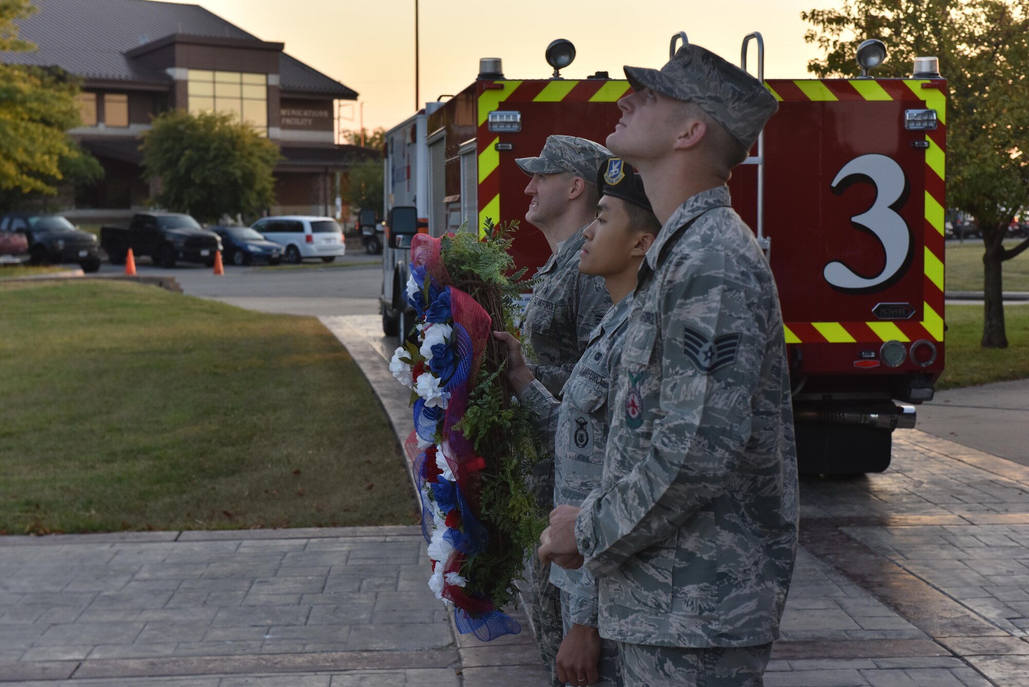 Airmen assigned to the 509th Bomb Wing participate in a 9/11 remembrance ceremony Sept. 11, 2017 at Whiteman Air Force Base, Mo.