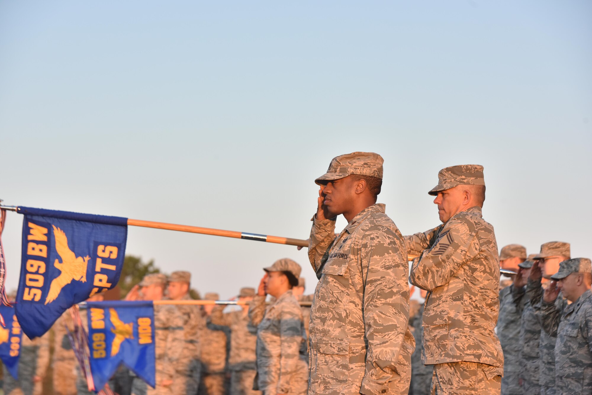 Airmen assigned to the 509th Bomb Wing participate in a 9/11 remembrance ceremony Sept. 11, 2017 at Whiteman Air Force Base, Mo.