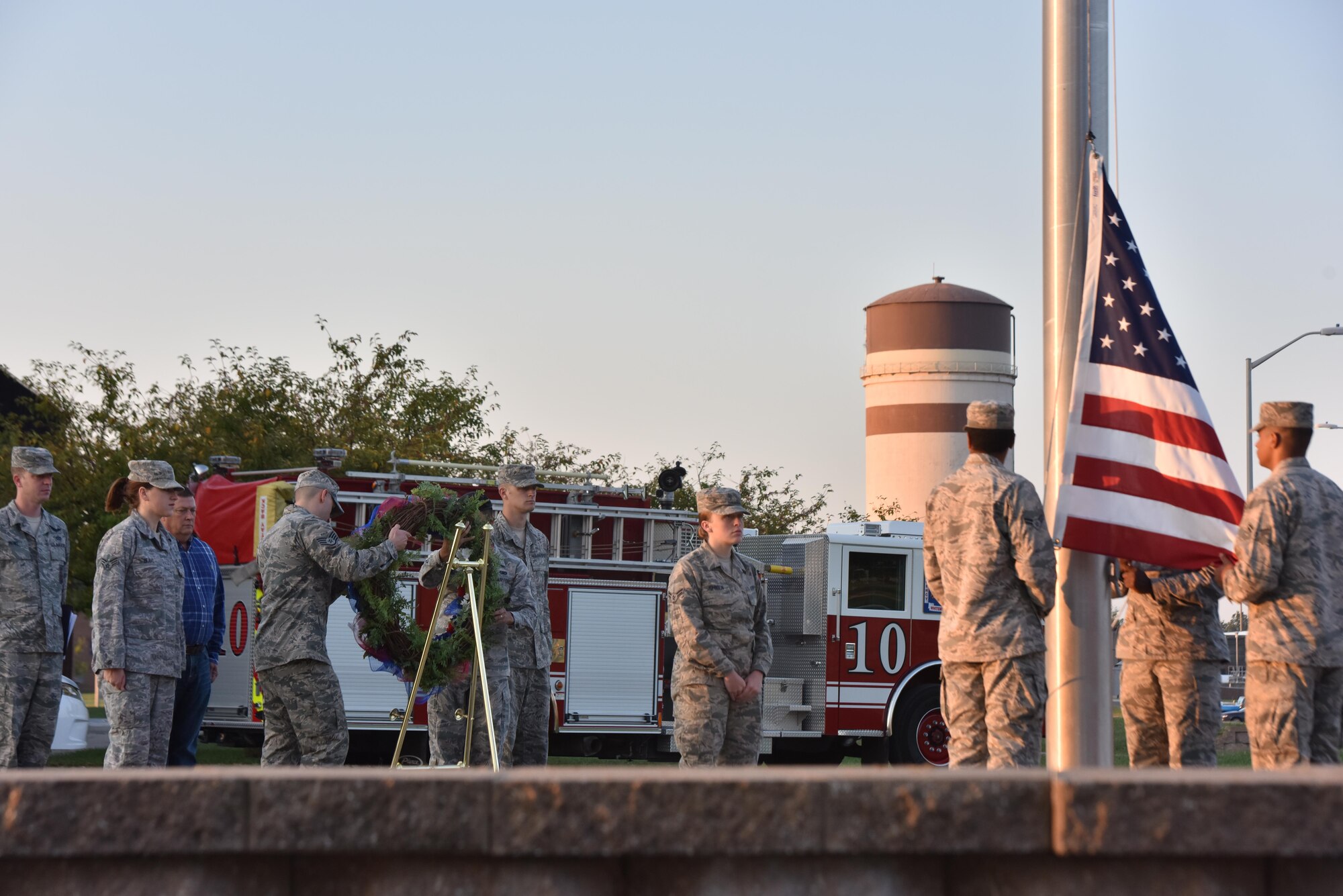 Airmen assigned to the 509th Bomb Wing participate in a 9/11 remembrance ceremony Sept. 11, 2017 at Whiteman Air Force Base, Mo.