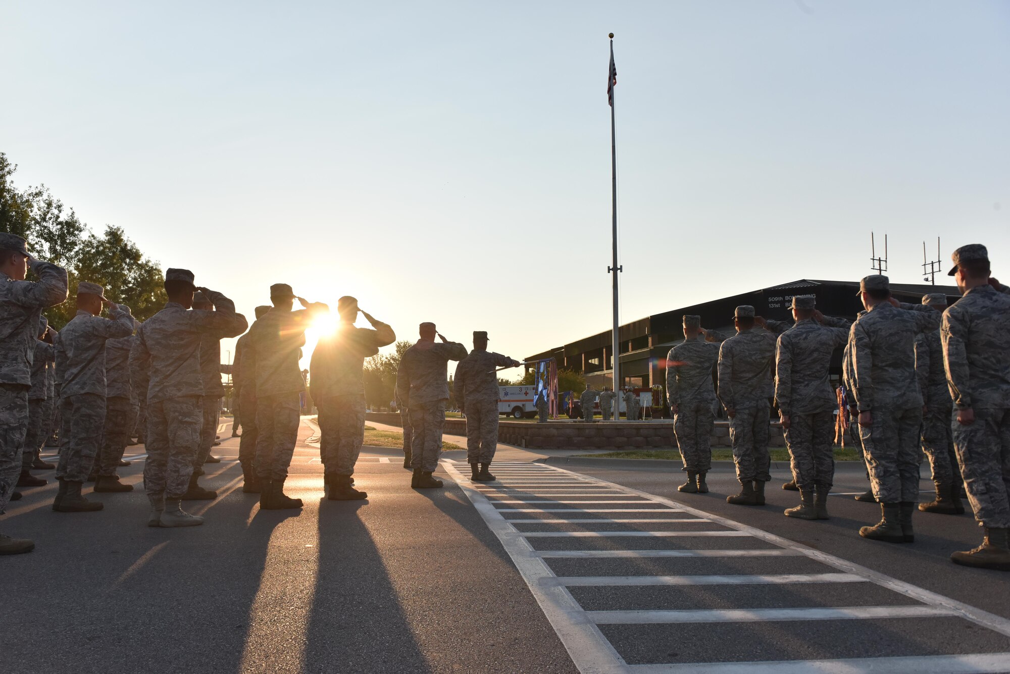 Airmen assigned to the 509th Bomb Wing participate in a 9/11 remembrance ceremony Sept. 11, 2017 at Whiteman Air Force Base, Mo.