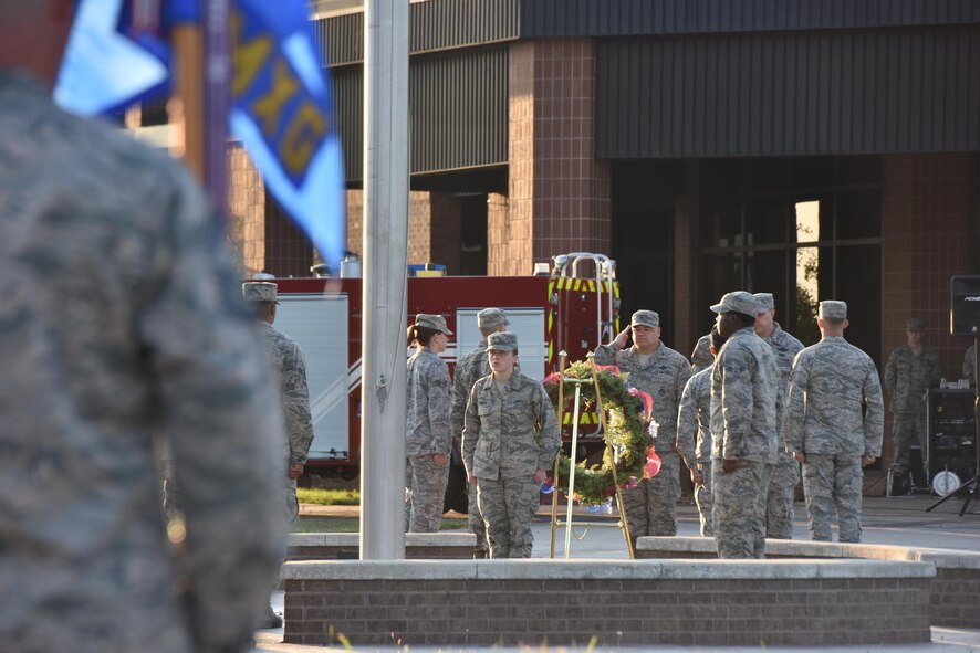 Airmen assigned to the 509th Bomb Wing participate in a 9/11 remembrance ceremony Sept. 11, 2017 at Whiteman Air Force Base, Mo.