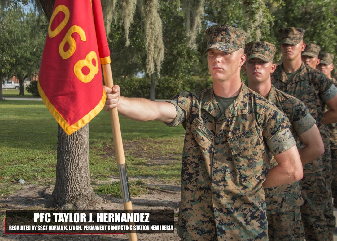 Private First Class Taylor J. Hernandez graduated Marine Corps recruit training September 15, 2017, aboard Marine Corps Recruit Depot Parris Island, South Carolina. Hernandez was the Honor Graduate of platoon 3068. Hernandez was recruited by Staff Sgt. Adrian K. Lynch from Permanent Contacting Station New Iberia. (U.S. Marine Corps photo by Lance Cpl. Jack A. E. Rigsby)