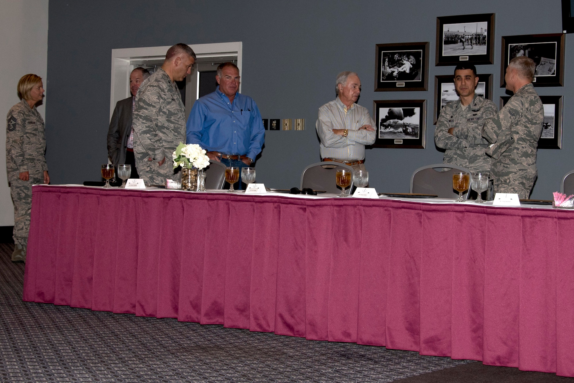 Goodfellow and San Angelo civic leaders converse before a luncheon held at the Event Center on Goodfellow Air Force Base, Texas, Sept. 13, 2017. Attendees learned of Goodfellow’s future plans and shared ideas on San Angelo community collaborations. (U.S. Air Force photo by Airman Zachary Chapman/Released)