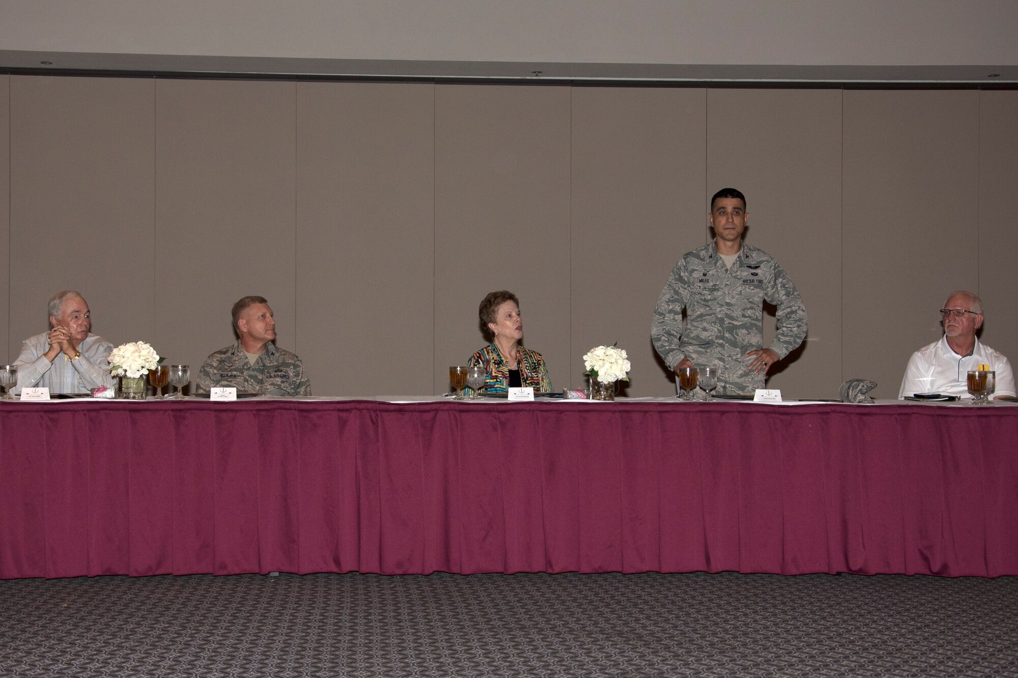 U.S. Air Force Col. Ricky Mills, 17th Training Wing commander, addresses the San Angelo civic leaders during a luncheon at the Event Center on Goodfellow Air Force Base, Texas, Sept. 13, 2017. Civic and military leaders addressed goals and Goodfellow’s mission. (U.S. Air Force photo by Airman Zachary Chapman/Released)