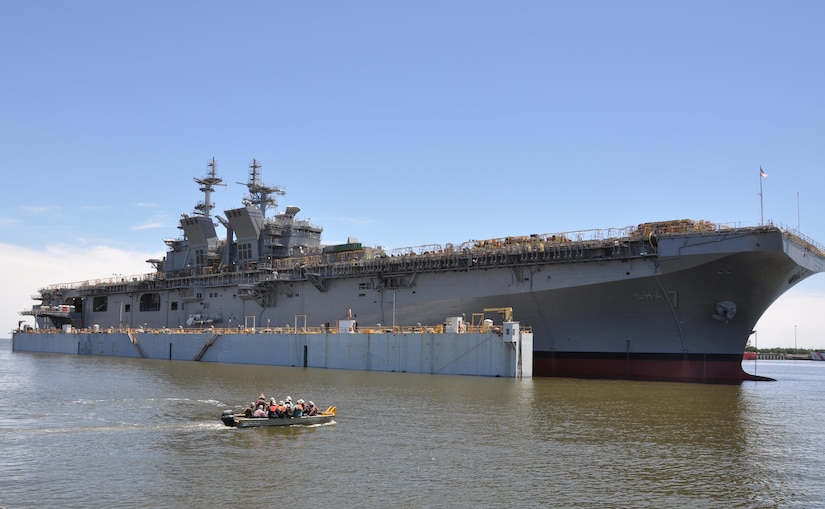 The future USS Tripoli launches at Huntington Ingalls Industries in Pascagoula, Miss., May 1, 2017. The Tripoli incorporates an enlarged hangar deck, enhanced maintenance facilities, increased fuel capacity and additional storerooms to provide the fleet with a platform optimized for aviation capabilities. Navy photo