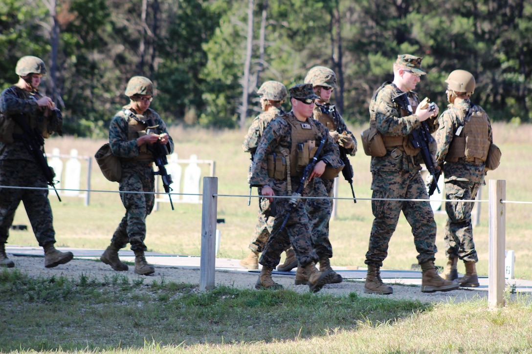 Marines with the 3rd Civil Affairs Group of Naval Station Great Lakes, Ill., complete live-fire training at a range on North Post on Sept. 8, 2017, at Fort McCoy, Wis. In addition to live-fire training, the Marines completed training in chemical, biological, radiological, and nuclear defense and on the Fort McCoy Humvee Egress Assistance Trainer over the course of three days. Civil affairs Marines serve as a critical link between local civilians and military units that operate in their countries. Operations in the counterinsurgency environments of Iraq and Afghanistan relied heavily on civil affairs teams for missions like helping civilian populations build infrastructure. And the Marine Corps’ civil affairs capability, which resides exclusively in the Marine Corps Reserve, will continue to be in high demand. (U.S. Army Photo by Scott T. Sturkol, Public Affairs Office, Fort McCoy, Wis.)