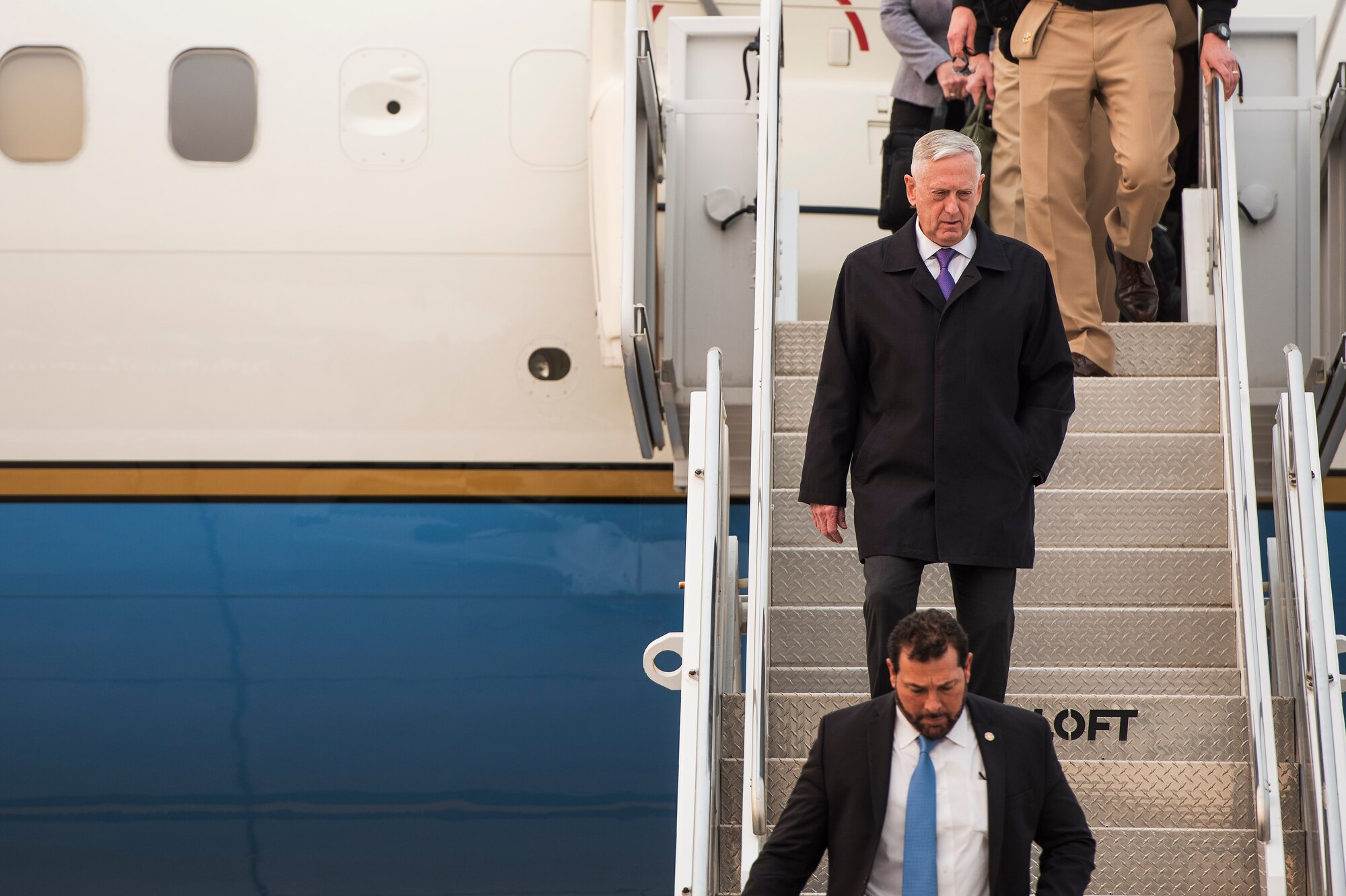 Secretary of the Defense Jim Mattis           arrives at Minot Air Force Base, N.D., Sept. 13, 2017. During his visit, Mattis toured 5th Bomb Wing and 91st Missile Wing units and spoke with Airmen emphasizing the importance of the nuclear deterrence mission. (U.S. Air Force photo/Senior Airman J.T. Armstrong)