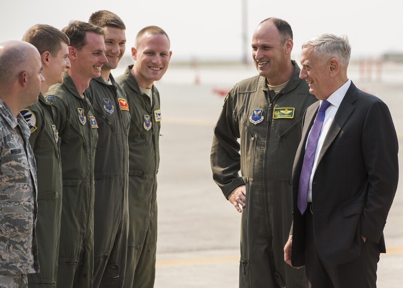 Secretary of the Defense Jim Mattis speaks to 5th Operations Group members at Minot Air Force Base, N.D., Sept. 13, 2017. During his visit, Mattis spoke to Airmen from the 5th Bomb Wing about the on-going deterrence mission. (U.S. Air Force photo/Senior Airman J.T. Armstrong)