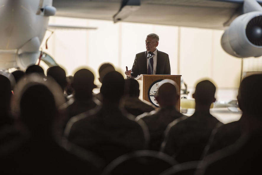Secretary of the Defense Jim Mattis speaks with Airmen at Minot Air Force Base, N.D., Sept. 13, 2017. During his visit, Mattis toured 5th Bomb Wing and 91st Missile Wing units and spoke with Airmen emphasizing the importance of the nuclear deterrence mission. (U.S. Air Force photo/Senior Airman J.T. Armstrong)