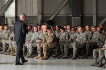 Secretary of the Defense Jim Mattis speaks with Airmen at Minot Air Force Base, N.D., Sept. 13, 2017. During his visit, Mattis toured 5th Bomb Wing and 91st Missile Wing units and spoke with Airmen emphasizing the importance of the nuclear deterrence mission. (U.S. Air Force photo/Senior Airman J.T. Armstrong)